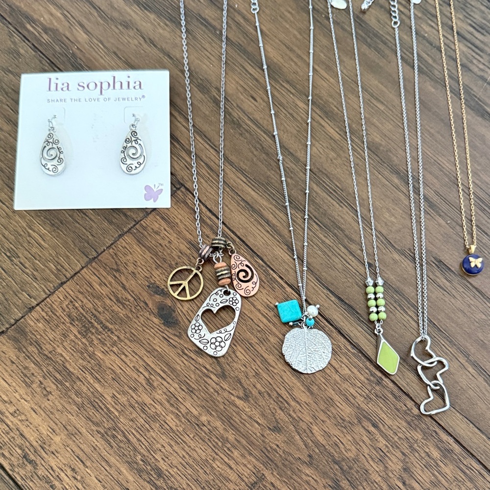 Lia Sophia Silver Tone Multi-Charm Necklaces with Turquoise and Lime Accents